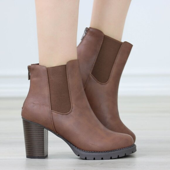 Womens Ankle Boots Lug Block Heel Brown Synthetic Leather Round Toe Elastic Gore - Picture 9 of 11